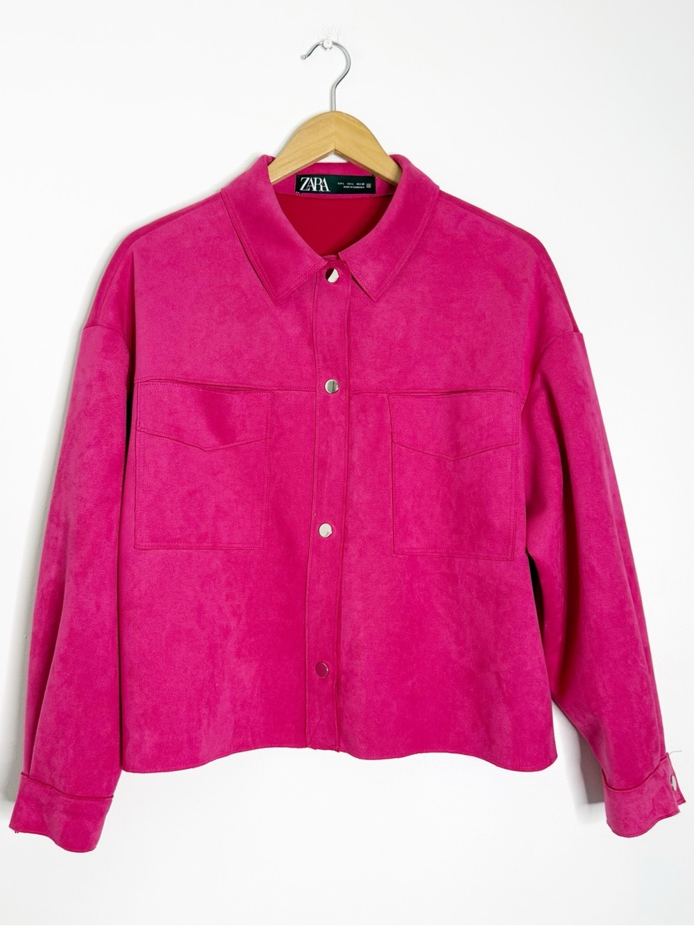 Zara Hot Pink Faux Suede Snap Shirt Jacket Shacket Size Small